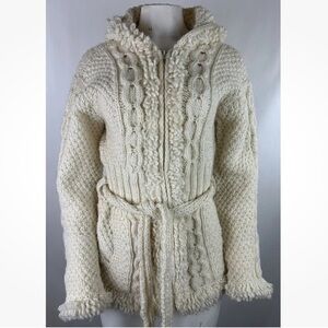 Sisandina Womens One Size 100% Wool Full Zip Fringe Hem Cardigan Cream Belted